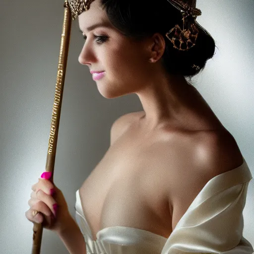 Prompt: a portrait of a beautiful woman wearing a crown, holding a staff, ruler of the world, goddess, princess, silky clothes, light fog, queen of the world, realistic, 8k, ambient lighting, cinematic lighting, depth of field,