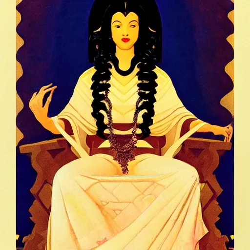 Image similar to an illustration of an ivory skin with dark curly hair queen on a throne, by nicholas roerich, by frank frazetta by georgia o keeffe by frederick william elwell, by hans emmenegger, by eyvind earle highly detailed, realistic, outline, line work, fantasy, oriental, stylised flat colors, animation