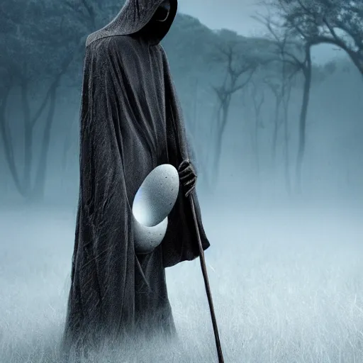 Prompt: stunning nature photo of grim reaper protecting its eggs, national geographic, photorealistic, 8K