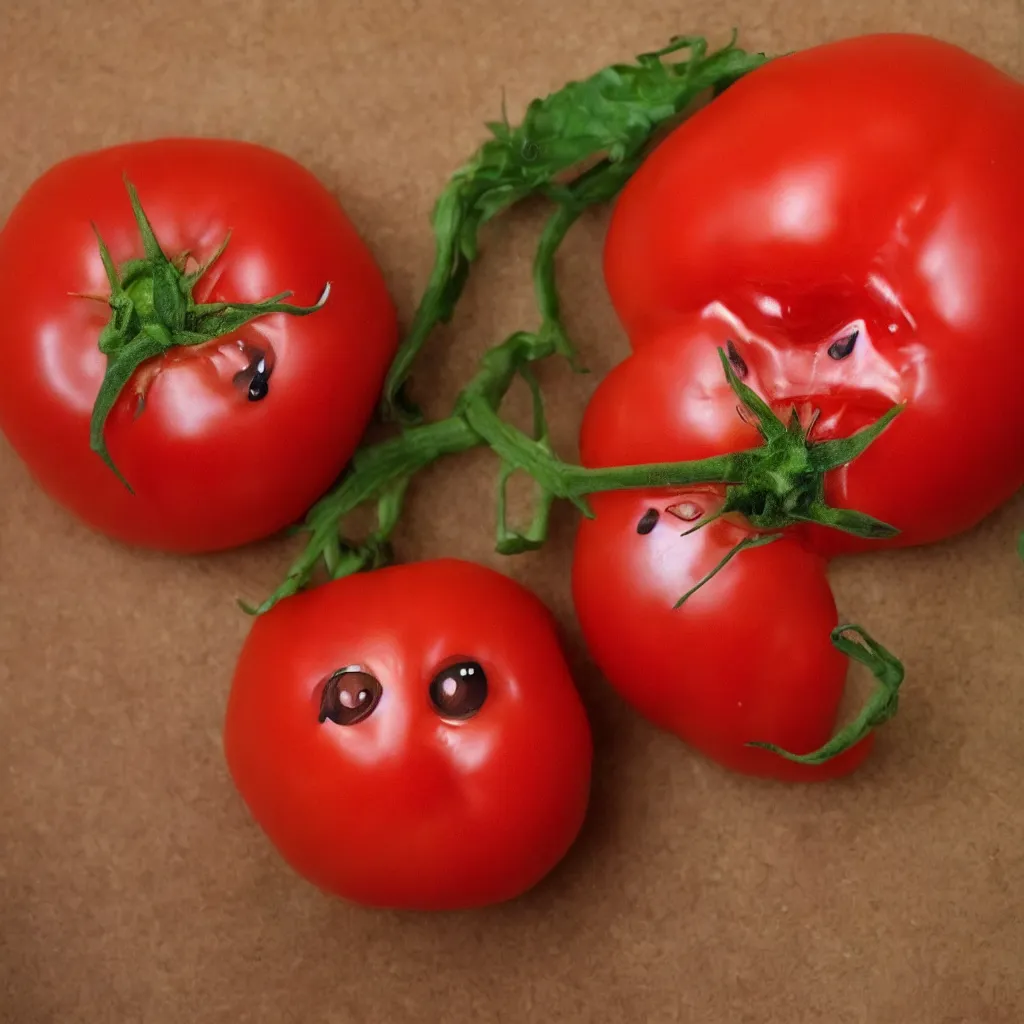 Prompt: A hyperrealistic tomato with a face grinning creepily