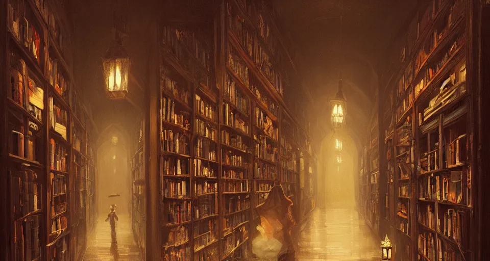 Prompt: Stefan Koidl's painting of a long dark creepy victorian corridor with bookshelves everywhere and two candles. 4k, octane, digital painting, artstation, concept art, sharp focus, illustration, art by artgerm and greg rutkowski and alphonse mucha.