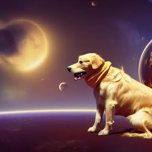 Image similar to a golden retriever in space wearing cape, 4k