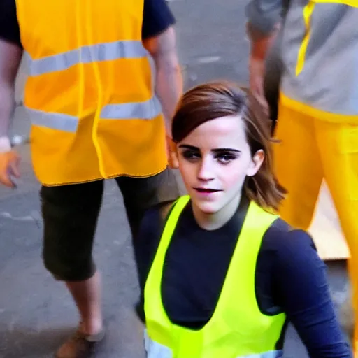 Image similar to photo, close up, emma watson in a hi vis vest, in warehouse, android cameraphone, 2 6 mm