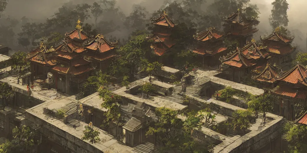 Image similar to vietnamese temple scene, side scroller, 2 d game art background, sharp, detailed, intricate, game level design, cinematic lighting, ultrarealistic, photorealistic, trending on artstation, in the style of yoji shinkawa and greg rutkowski and federico pelat