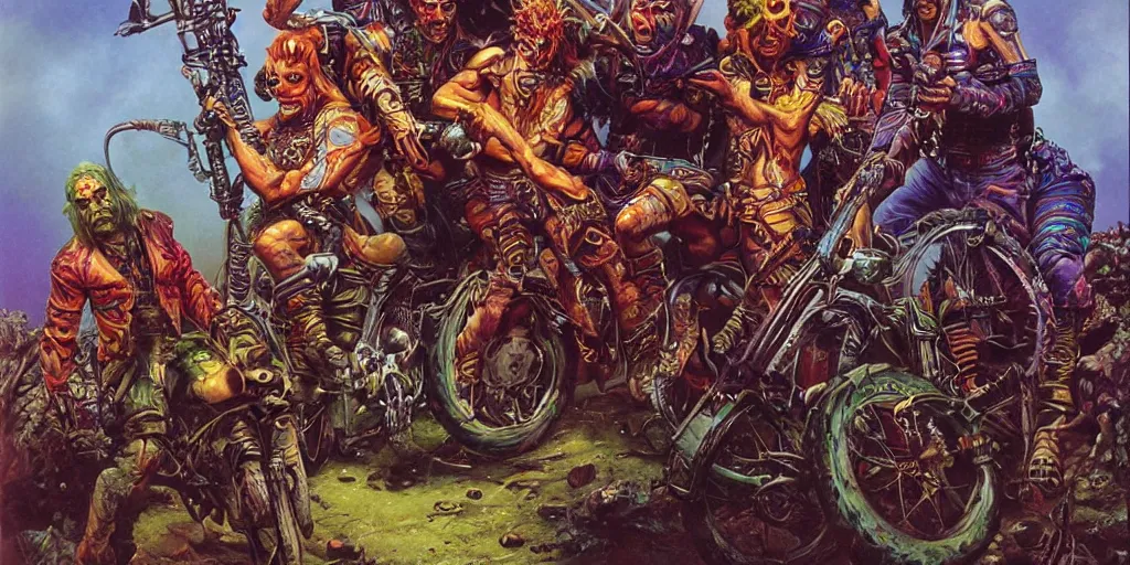 Prompt: psychedelic post apocalyptic orc biker gang, sharp focus, psychedelic colors, michael whelan, boris vallejo