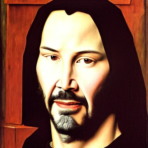 Image similar to portrait of keanu reeves, oil painting by jan van eyck, northern renaissance art, oil on canvas, wet - on - wet technique, realistic, expressive emotions, intricate textures, illusionistic detail