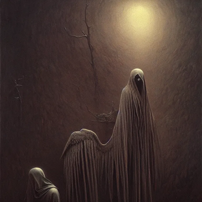 Prompt: angel of death surreal painting by Zdzislaw Beksinski, creepy dark atmosphere, baroque painting, beautiful detailed intricate insanely detailed octane render, 8K artistic photography, photorealistic, chiaroscuro, Raphael, Caravaggio