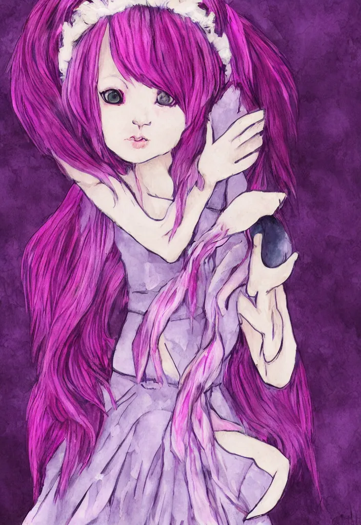 Image similar to little girl with eccentric pink hair wearing a dress made of purple feather, art by dcwj