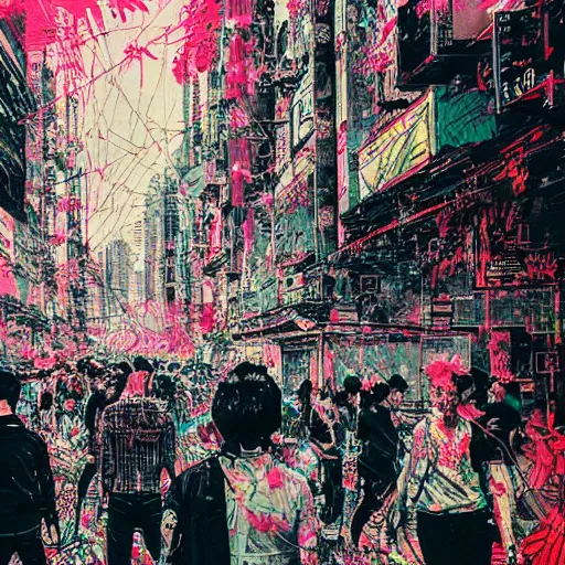 Prompt: a messy portrait of a busy hong kong street corner, in the style of carne griffiths