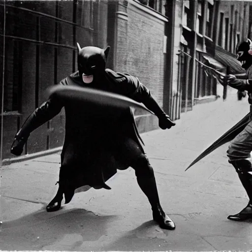 Prompt: old black and white photo, 1 9 2 5, depicting batman fighting a man in vintage suit in an ally of new york city, rule of thirds, historical record