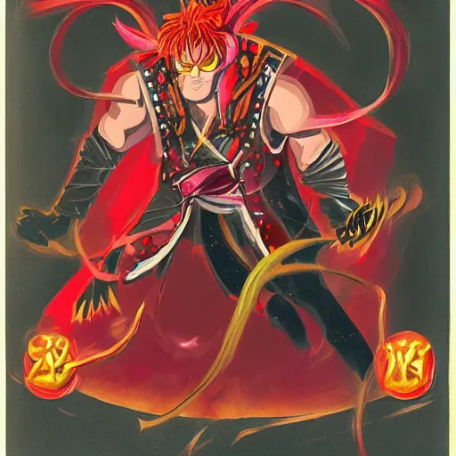 Image similar to a charismatic solid gold demon in a fantasy gambling den, red mist surrounding, studio gibli