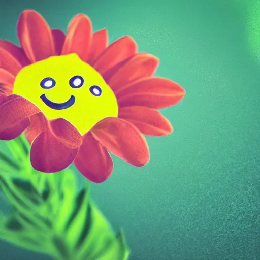 Prompt: a picture of a cute flower with a cartoon face, photorealistic, depth of field, 4k