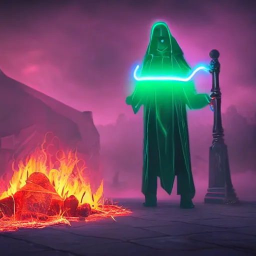 Image similar to a neon grim reaper in hells graveyard, amazing fire art, ray tracing, realistic fire sharp focus, long shot, 8 k resolution, cinematic