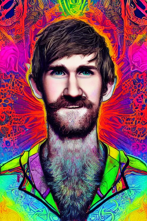 Image similar to inspirational style hope poster of bo burnham with beard, psychedelic colors, highly detailed, realistic, loving, by vitto ngai