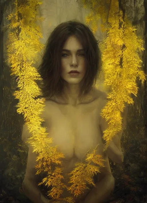 Image similar to golden leaves at frame border, creative!!! composition for a book cover, moon, beautiful portrait painting by jeremy mann, a female witch beautiful, ultrafine hyperrealistic detailed face by wlop and artgerm and greg rutkowski, intricate linework, sharp focus, smooth, octopath traveler, final fantasy, unreal engine, dramatic lighting, ethereal, 8 k