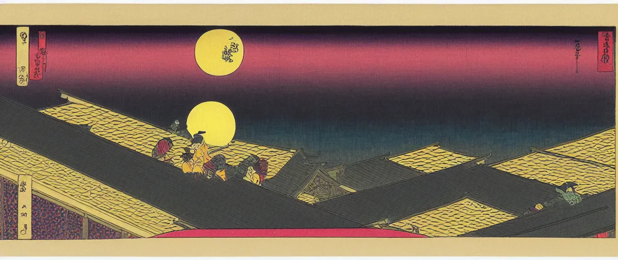 Prompt: a Ninja secretly jumping from one rooftop to another at night, purple sky, yellow moon, highly detailed ukiyoe by Utagawa Hiroshige