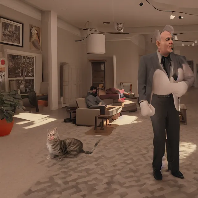 Image similar to seinfeld but everybody is a cat, dark cinematic, volumetric, realistic, cinematic lighting, ray tracing, unreal engine 5, unreal engine render, octane render, hyper realistic, photo, 8 k