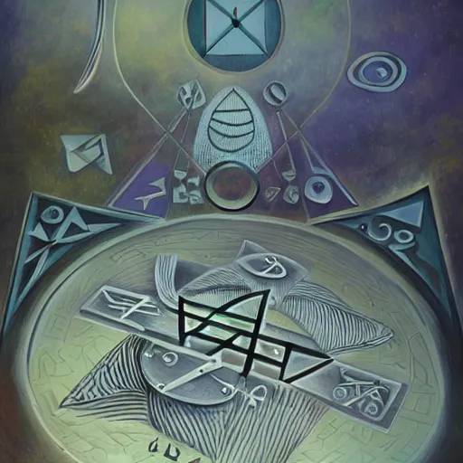 Image similar to occult laboratory detailed, painting, 4 k, floating runes