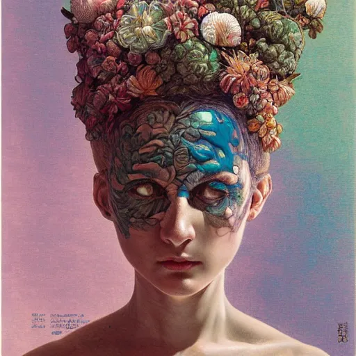 Image similar to white girl, botanical, portrait face, colorful, frantisek kupka, intricate, miles johnston, kuroda seiki, cynical realism, ozabu, john william godward, painterly, yoshitaka amano, moebius, miles johnston, louise zhang, james jean, mark ryden lowbrow pop surrealism art style