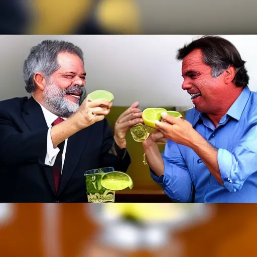 Prompt: Luis Inacio Lula da Silva and Bolsonaro drinking a caipirinha together realistic, 4k image, news, notícia