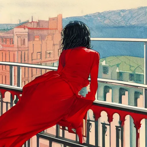 Image similar to a beautiful artwork of a woman in red dress sitting on the balcony of a hotel top view, by Jerome Opeña, featured on artstation