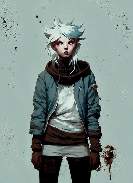 Image similar to highly detailed portrait of a sewer punk swedish young lady, hoodie, white hair by atey ghailan, by greg rutkowski, by greg tocchini, by james gilleard, by joe fenton, by kaethe butcher, gradient light blue, blonde, brown, cream and white color scheme, grunge aesthetic!!! ( ( graffiti tag wall background ) )