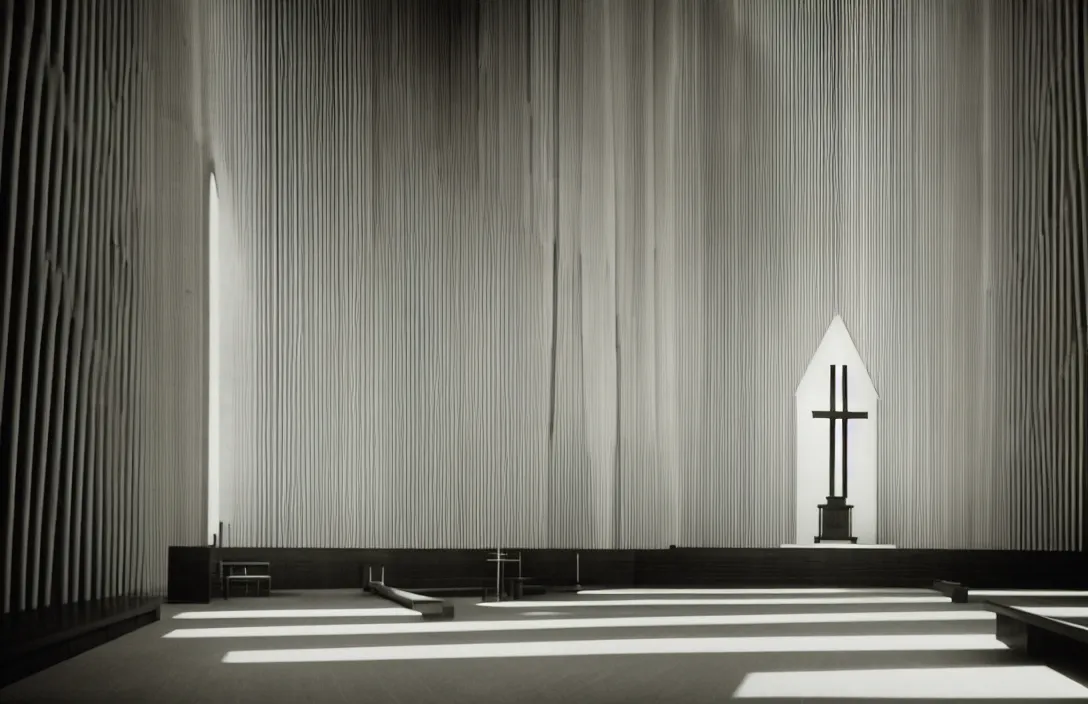 Image similar to in this church interior, vertical lines suggest spirituality, rising beyond human reach toward the heavens. directed by kurosawa fusing a dream world of imagination with closely observed reality intact flawless ambrotype from 4 k criterion collection remastered cinematography gory horror film, ominous lighting, evil theme wow photo realistic postprocessing suffolk landscape building by mies van der rohe