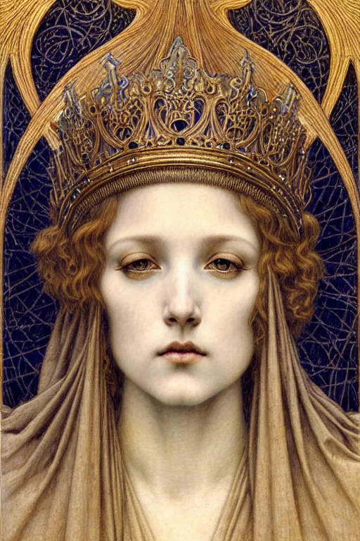 Image similar to detailed realistic beautiful young medieval queen face portrait by jean delville, gustave dore and marco mazzoni, art nouveau, symbolist, visionary, gothic, pre - raphaelite. horizontal symmetry