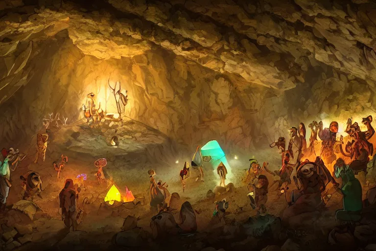 Prompt: Stone Age rave in a cave, digital art, artstation