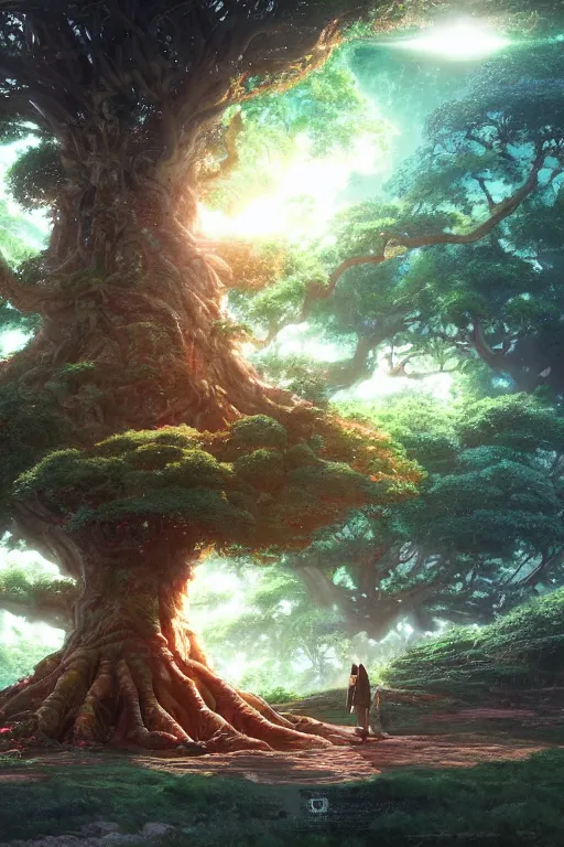 Prompt: a giant hellishly tree with a big trunk that forms a round portal to otherworldly hostile worlds, high intricate details, rule of thirds, golden ratio, cinematic light, 8 k, octane render, anime style, graphic novel by fiona staples and dustin nguyen, art by beaststars and orange, peter elson, alan bean, studio ghibli, makoto shinkai