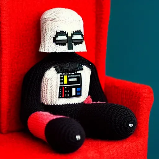 Image similar to knitted doll dart vader sitting on a chair, lethal preservation, proportions, high quality, realism, foreground focus,