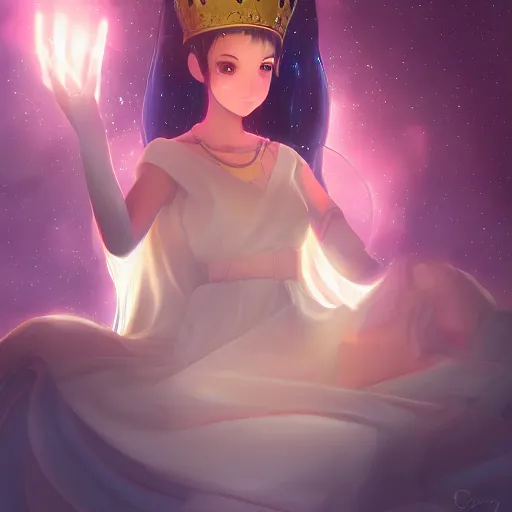 Prompt: a princess looking at a glowing crown, digital painting, hd, anime art, smooth, Rutkowski Greg, Tran Ross