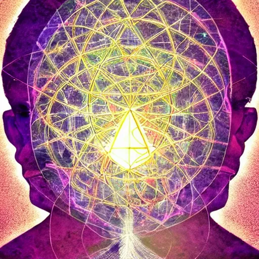 Image similar to a mind sitting in the center of the multi dimensional latent space conceptualizing our collectively designed divine imaginations