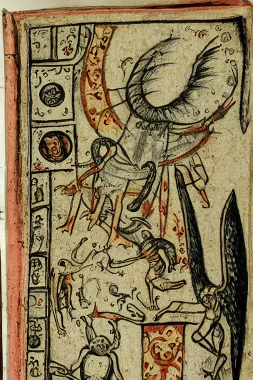 Image similar to a page in a medieval book depicting occult drawings of demons