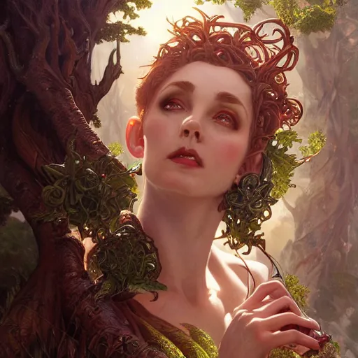 Image similar to Mischievous Dryad as Guardian, western, closeup, D&D, fantasy, intricate, elegant, highly detailed, digital painting, artstation, concept art, matte, sharp focus, illustration, art by Artgerm and Greg Rutkowski and Alphonse Mucha