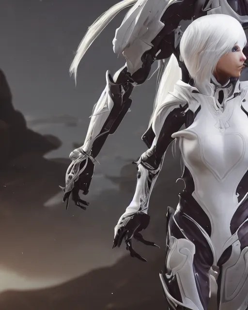 Prompt: perfect white haired girl, warframe armor, beautiful, detailed, windy weather, scifi platform, laboratory, experiment, 4 k, ultra realistic, epic lighting, cinematic, high detail, masterpiece