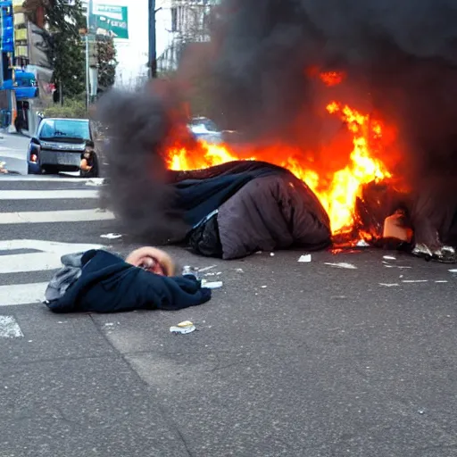 Prompt: vancouver bc homeless person on fire