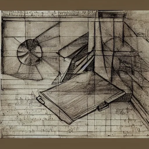 Image similar to drawing of macbook prototype by leonardo da vinci, lot of notes and figures, antique drawing, sketch, art, intricate details, highly detailed