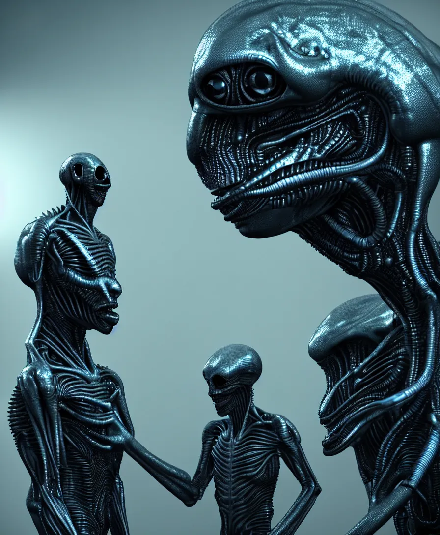 Image similar to highly detailed photo of a man talking with alien on future planet in the style of greg rutsowski, 3 d render, hyper realistic, concept art, 8 k detail post - processing