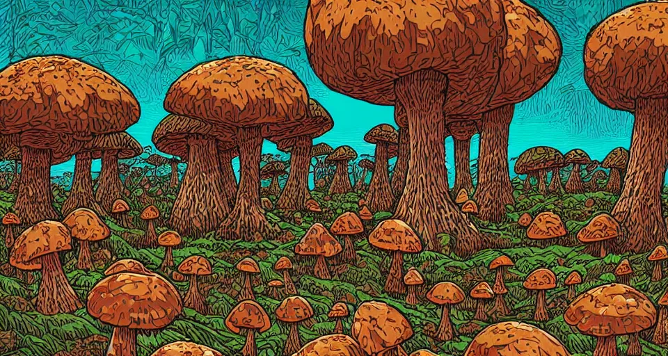 Prompt: A tribal village in a forest of giant mushrooms, by Dan mumford,