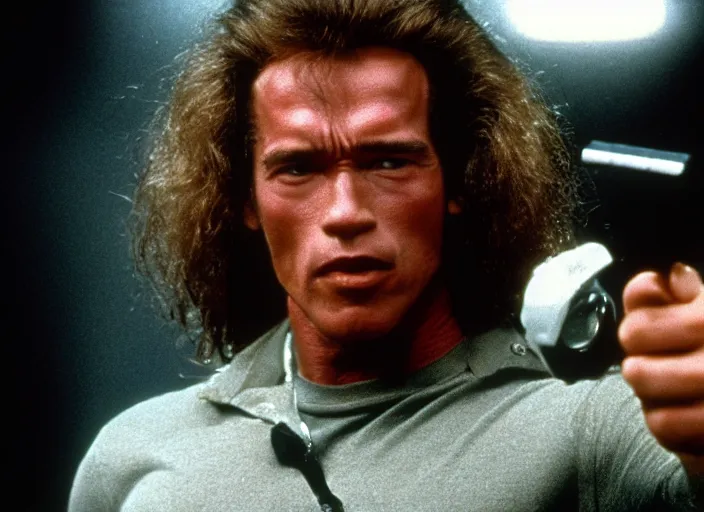 Image similar to arnold schwarzenegger in a still from the movie The Fly (1986)