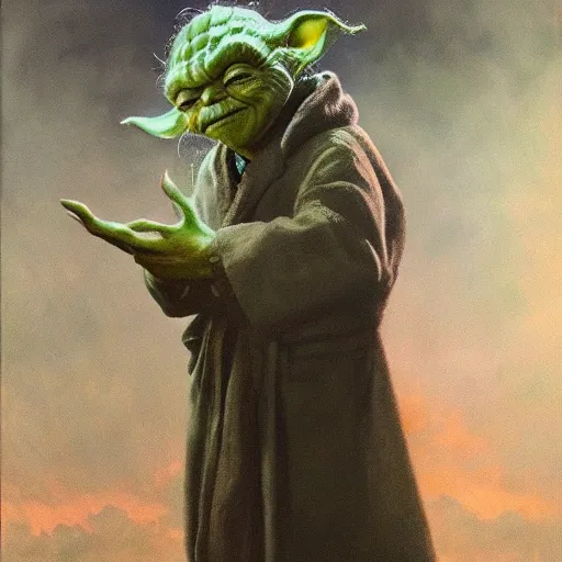 Image similar to ultra realistic portrait painting of tom selleck as yoda, art by frank frazetta, 4 k, ultra realistic, highly detailed, epic lighting