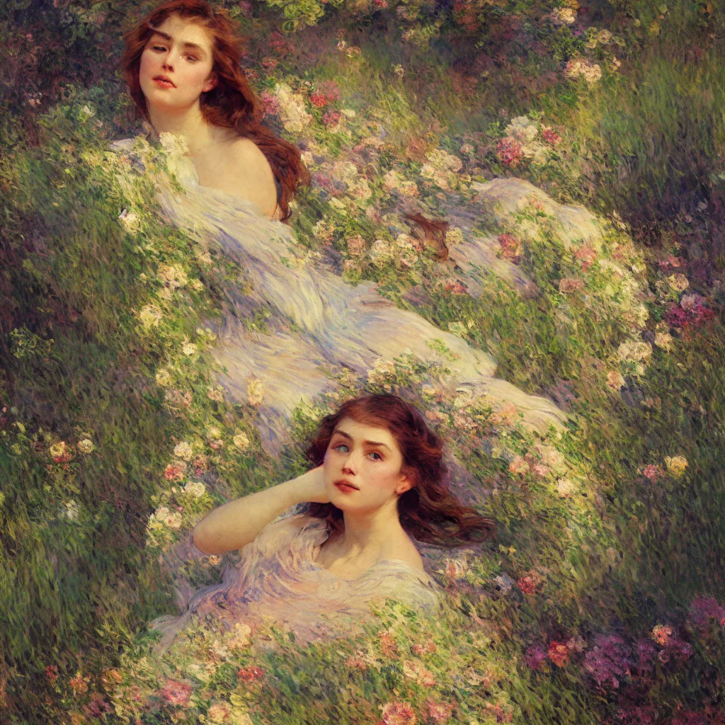Prompt: illustration studio portrait of one beautiful girl in an artistic pose resting in nature, monet painterly motives and textures pattern, hyper detailed, octane render, vivid colors, artstation, by jeremy mann, by alphonse mucha, by monet