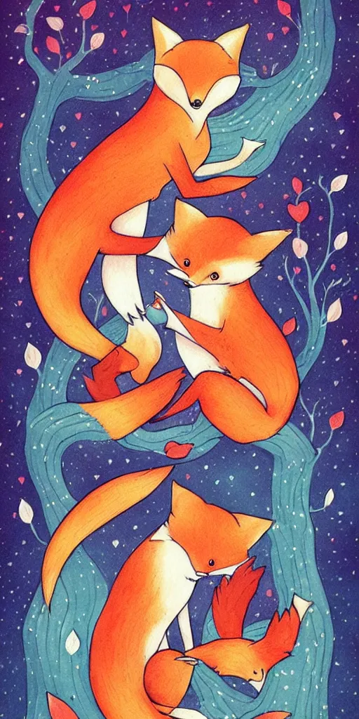 Prompt: greeting card, love, 2 affectionate foxes, by kelly mckernan, warm colors, cozy