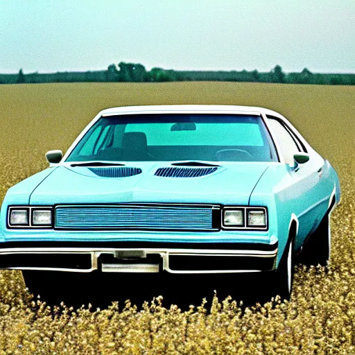 Prompt: A photograph of a beater faded Powder Blue Dodge Aspen (1976) in a farm field, photo taken in 1989