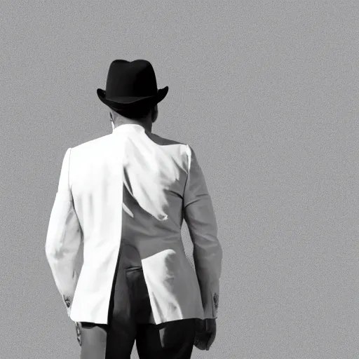 Image similar to man in suit walking towards camera with white background. wearing suit and hat. strong shadows. high contrast. serious look. carrying a pistol