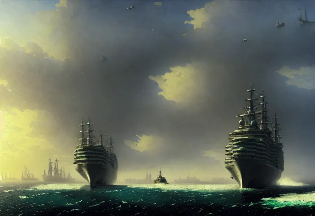 Prompt: enormous gigantic steel ship - shaped fortress - city sailing across an icy cold ocean. masterpiece, cinematic, hyperdetailed, photorealistic, hyperrealism, octane rendering, depth of field, bokeh, architecture, shadows, aerial view, art by ivan aivazovsky, geof darrow