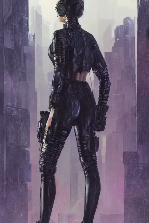 Image similar to selina. blackops spy in near future tactical gear, stealth suit, and cyberpunk headset. Blade Runner 2049. concept art by James Gurney and Mœbius.