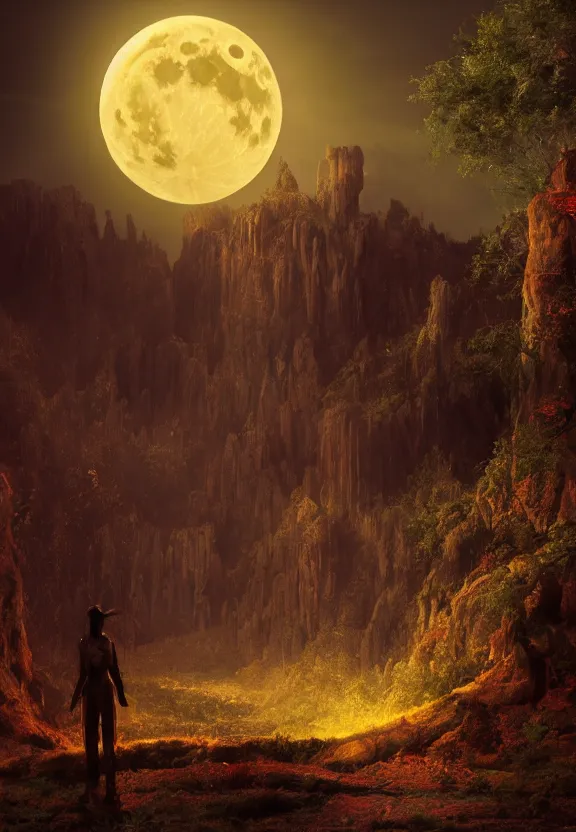 Prompt: full scenery, golden magical atmosphere, style by eddie mendoza, raphael lacoste, alex ross, red black white golden colors, book cover, sihouette of a dark Witch from behind in front of a full big moon, dramatic lighting, cinematic, realistic establishing shot, extremely high detail, photo-realistic, cinematic lighting, digital restoration, very sharp, high quality, high details, ISO 50, realistic, Artgerm, post processed, realistic concept art, artstation, realistic matte painting