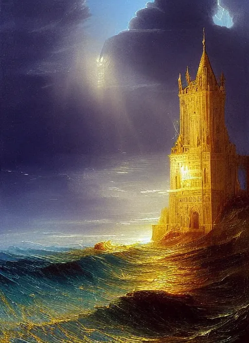 Image similar to a delicate sparkling gold fantasy tower splashes upwards from a turbulent ocean, dramatic lighting, rich colors, sunlight shimmering off the tower and the water and the spray, beautiful painting by Thomas Cole